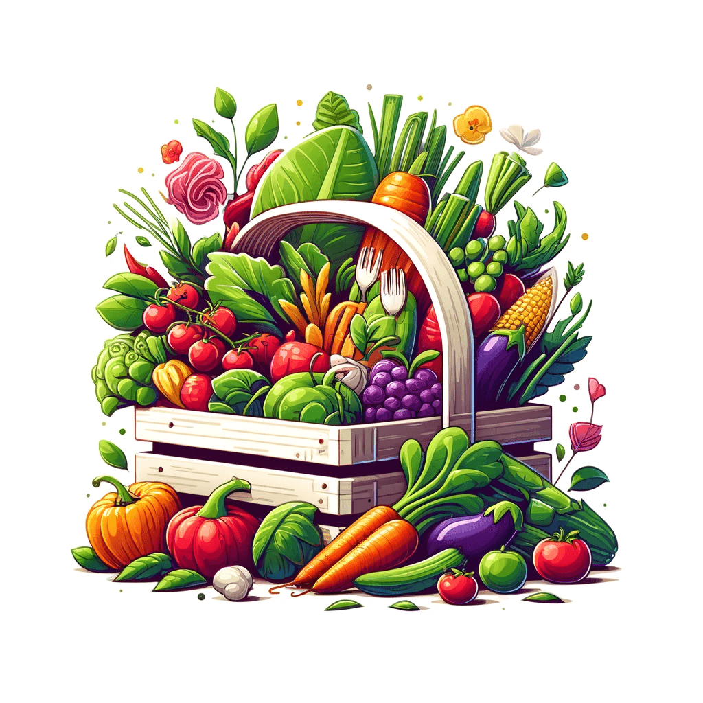 icon showcasing a variety of vegetables, fruits, and herbs arranged in a garden basket
