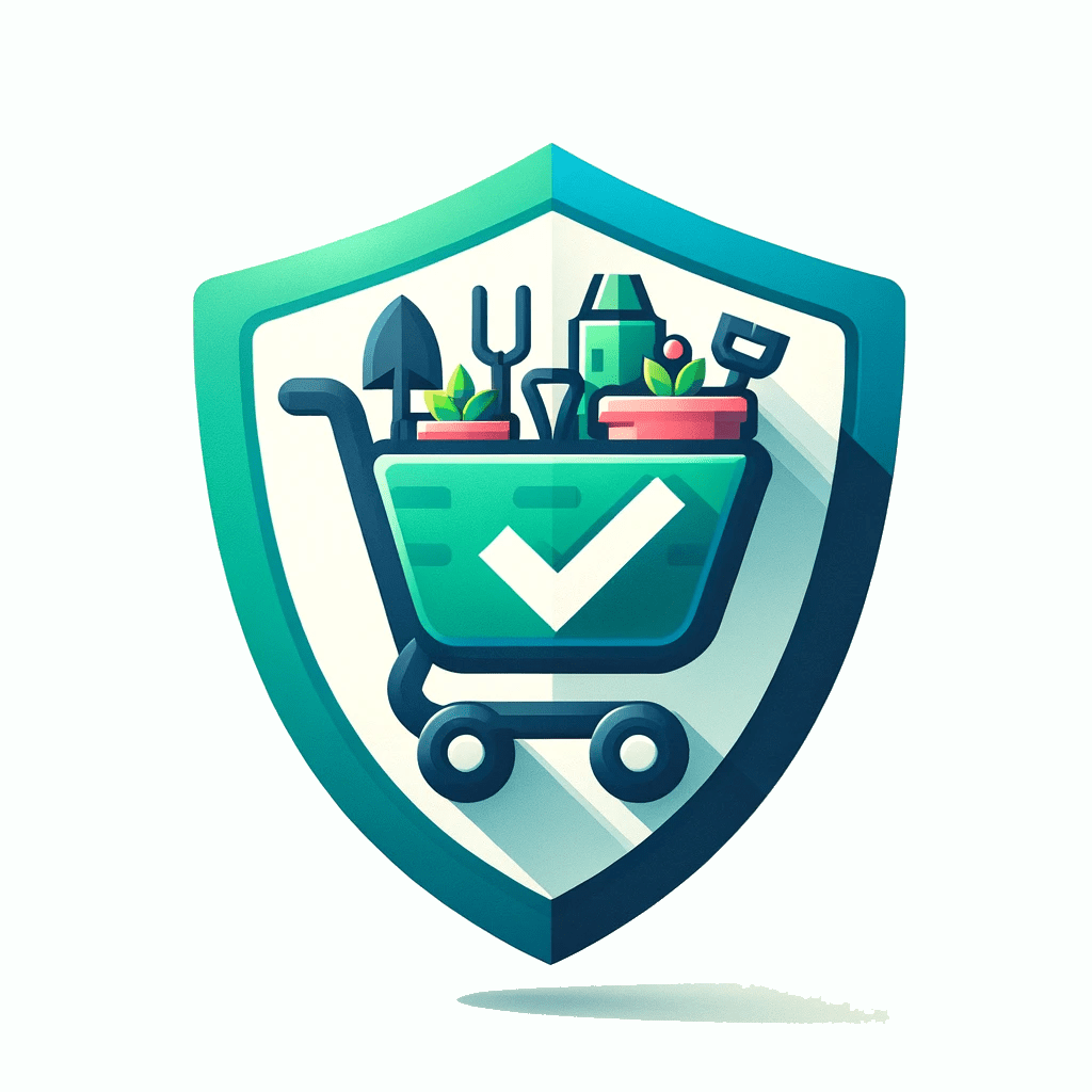 the variety of gardening supplies in a shopping cart or the symbol of security and reliability with a checkmark inside a shield